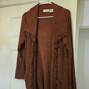 NEUSED WHITE STAG LADIES SMALL (4/6) BROWN FRINGED OPEN CARDIGAN